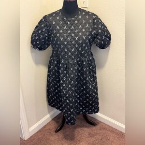 Be Free Black Quilted Deer Print Dress Fit Flare Baby Doll A Line Puff Sleeve L